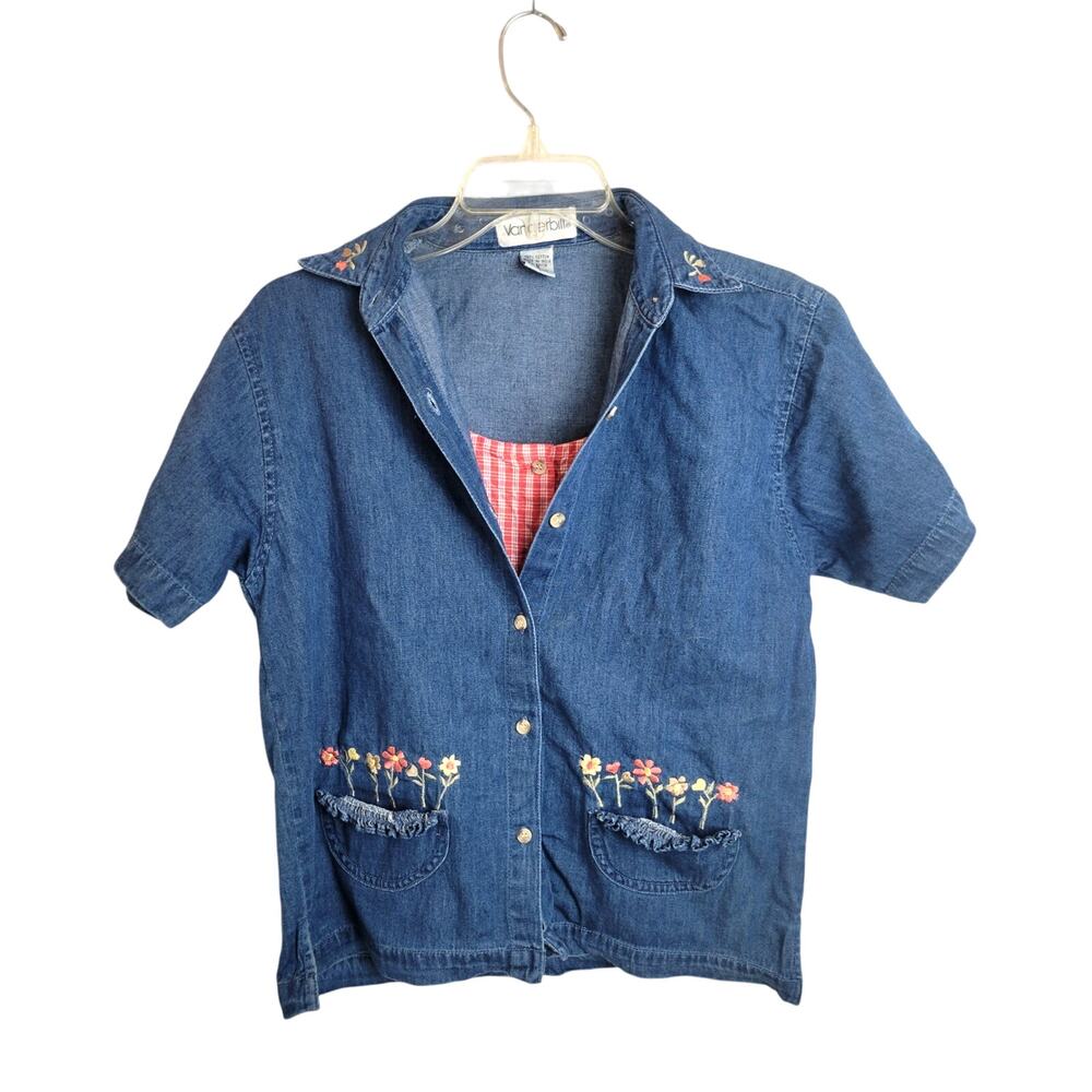 Vanderbilt Blue Denim Embroidered Floral Button Down Shirt Women's Size Small‎